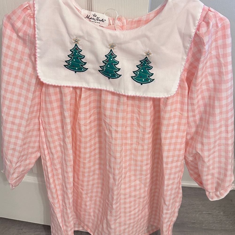 Pink Gingham Dress with Christmas Tree Embroidery